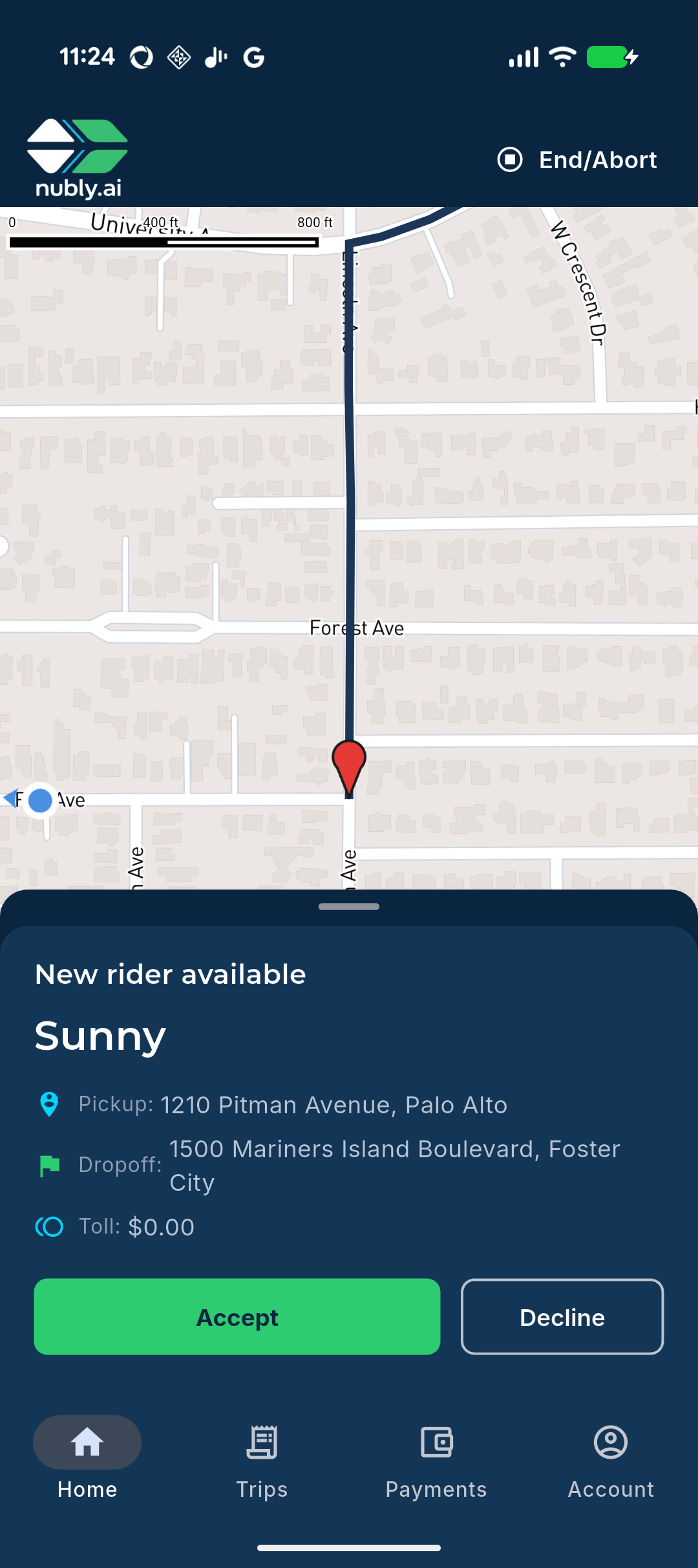 Driver's screen — 'New rider available' with pickup, drop-off, and toll, and Accept / Decline buttons