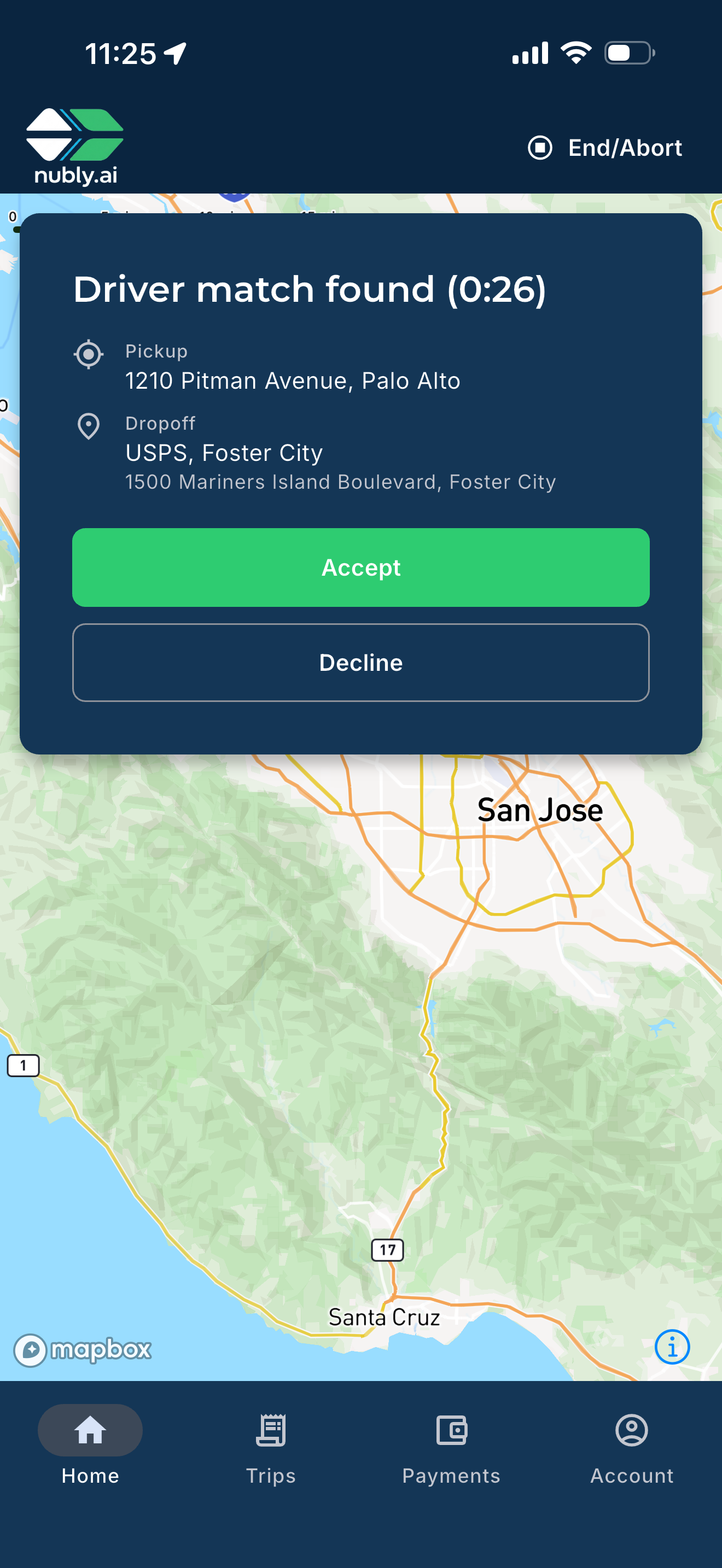 Rider's screen — 'Driver match found' with a countdown, pickup and drop-off, and Accept / Decline buttons